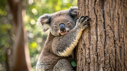 Fototapeta premium Cute wildlife, a koala hugging a tree, looking sleepy and content