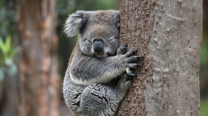 Obraz premium Cute wildlife, a koala hugging a tree, looking sleepy and content