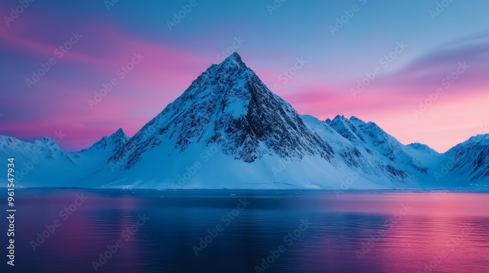 Sticker Snow-covered mountain peaks under a twilight sky in the Arctic gentle colors blending cold and tranquil landscape 