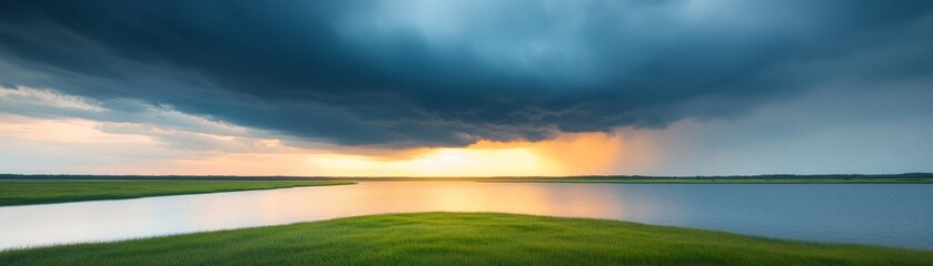 A tranquil landscape featuring a serene river, lush greenery, and dramatic clouds, capturing the beauty of nature at dusk.