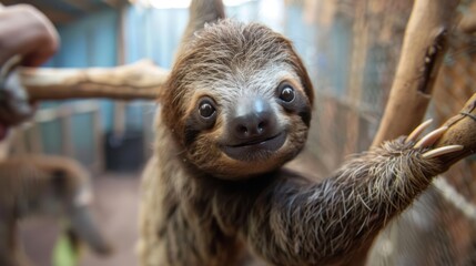 Naklejka premium Cute animal selfies, a baby sloth hanging from a branch, looking at the camera