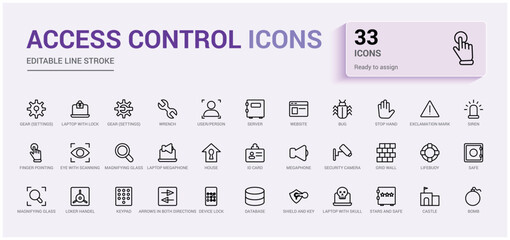 Set of access control icons. House protection, smart house icon, Outline icon collection, line icon set for web and ui. Editable stroke. Vector illustration with icon names.