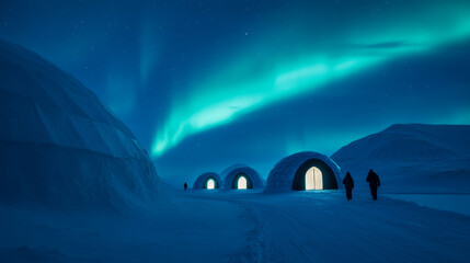 Snowy igloo village glowing under the northern lights with tourists walking through the crisp white snow, magical atmosphere