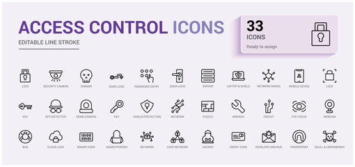 Set of access control icons. House protection, smart house icon, Outline icon collection, line icon set for web and ui. Editable stroke. Vector illustration with icon names.