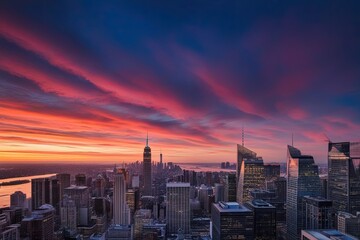 Obraz premium Vibrant Urban Skyline at Sunset: Panoramic View and Textured Silhouettes