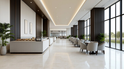 Fototapeta premium Spacious airport lounge with contemporary furniture, gourmet buffet spread, and passengers sipping coffee in a serene, upscale atmosphere 