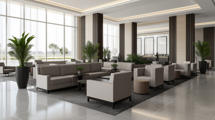 Spacious airport lounge with contemporary furniture, gourmet buffet spread, and passengers sipping coffee in a serene, upscale atmosphere 