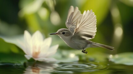 Close-up of a small bird with delicate feathers, flying just above a flower or water surface. The image captures the bird precise wing movements and elegance.