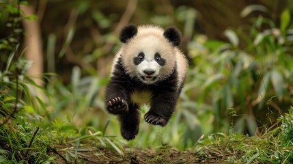 Fototapeta premium Candid animal moments, a baby panda tumbling down a small hill, looking surprised