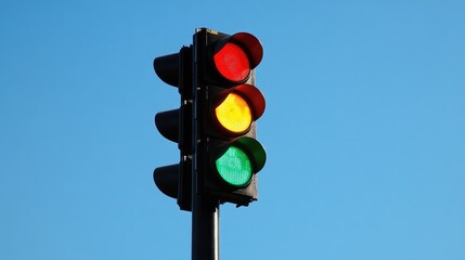 Close-up of a traffic light with green, yellow, and red signals illuminated, set against a clear blue sky. Emphasizes the functionality of traffic control.