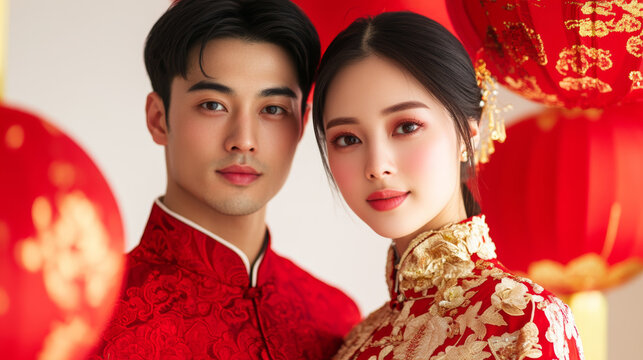 Stylish Chinese couple models posing under red lanterns with bright gold details for New Year celebration 
