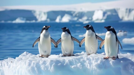 Obraz premium A charming group of four penguins standing together on an icy surface, set against a stunning blue Antarctic backdrop.