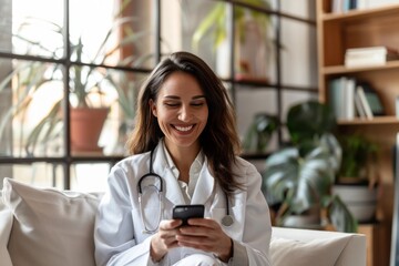 Happy young doctor woman using online medical application on smartphone, holding mobile phone at workplace, giving consultation on Internet, looking away, thinking, enjoying modern 