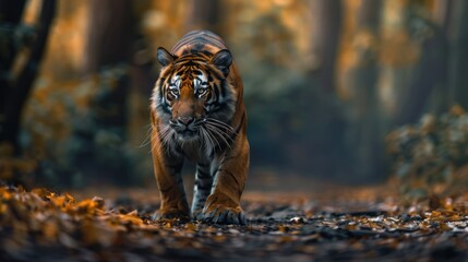Animal poses in the wild, with a tiger crouching and preparing to pounce