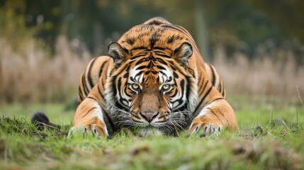 Obraz premium Animal poses in the wild, with a tiger crouching and preparing to pounce