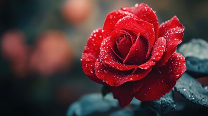 Close-up of a vibrant red rose with dewdrops on its petals, showcasing its intricate details and rich texture against a blurred background.