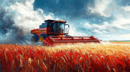 Fototapeta premium An agronomist maneuvers a combine harvester through a golden wheat field at dusk