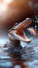 A baby crocodile celebrating its first catch, playfully biting a fish, with water splashing around it.