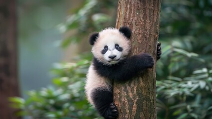 Obraz premium Adorable animals like a baby panda climbing up a tree trunk
