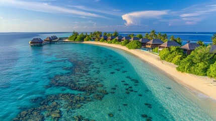 Obraz premium An Idyllic Beachfront Resort in the Maldives, Embracing Nature's Serenity and Clear Turquoise Waters.