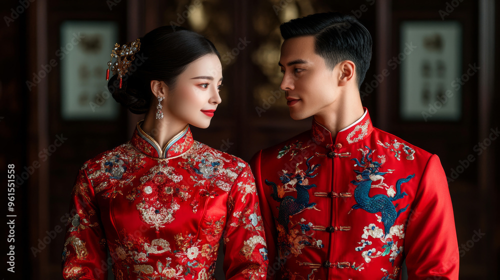 Sticker Vibrant Chinese couple in colorful traditional clothing exchanging festive greetings in an ornate home interior 