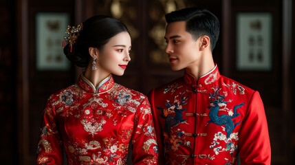 Vibrant Chinese couple in colorful traditional clothing exchanging festive greetings in an ornate home interior 