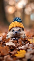 Naklejka premium A hedgehog with a vibrant hat sitting on autumn leaves in a cozy forest.