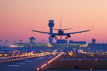 Fototapeta premium Airplane landing at sunset on illuminated runway with cityscape in background AI