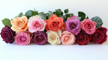luxurious bouquet of roses in various hues against pure white background delicate petals vibrant colors and intricate details showcase natures beauty perfect for elegant romantic themes