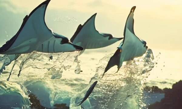 Graceful mobula rays leaping out of the water, Video