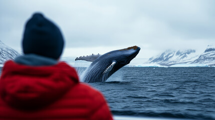 Whale watching in the Arctic with tourists leaning over a boat railing as a giant whale breaches in icy waters 