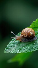 A snail eating fresh leaves in a vibrant, natural garden.
