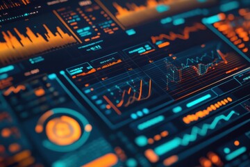 Fototapeta premium A close-up view of a digital data visualization screen, featuring colorful graphs, charts,