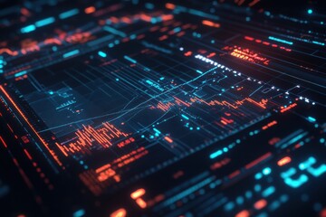 A close-up view of a digital data visualization screen, featuring colorful graphs, charts,