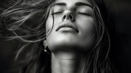 Dramatic Black and White Portrait of Woman with Flowing Hair