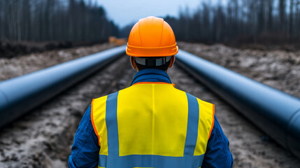 Worker in helmet and reflective gear checking the connections on a pipeline network 