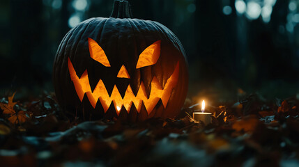 Naklejka premium Glowing Jack-o'-Lantern in a Dark Autumn Setting with Fallen Leaves
