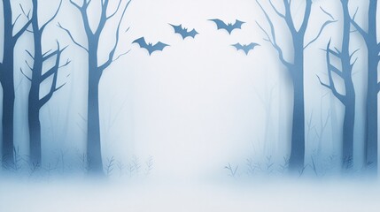 Obraz premium Mysterious foggy forest with bats flying through the trees at dusk.