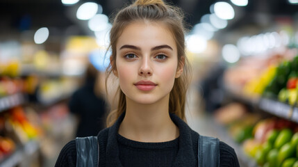 Fototapeta premium Young woman with an unstyled ponytail and simple clothes standing in line at a crowded supermarket holding a grocery list 