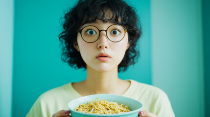 Young woman with tired eyes and chipped nails making instant noodles late at night in a simple kitchen 