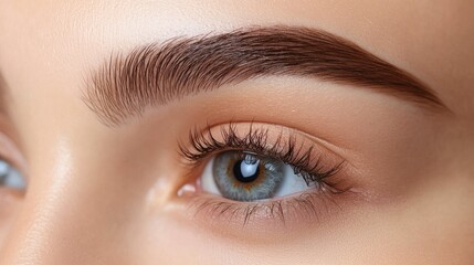 Obraz premium Close-up of well-groomed female eyebrows with perfectly shaped arches, highlighting the natural beauty and detail against a neutral background.