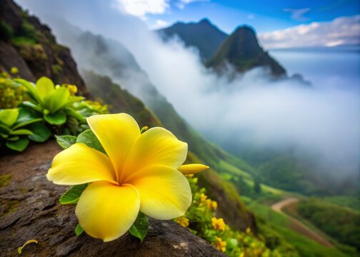 Vibrant yellow ilima flower blooms on the slope of a misty Hawaiian mountain, petals delicately curved like a woman's fingers.