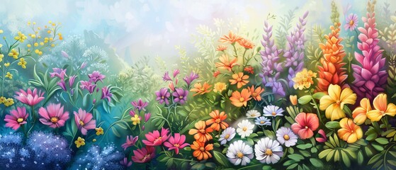 A painting of a field of flowers beneath a large, blue sky The background is dominated by this expansive, uninterrupted shade of blue, while smaller patches of blue peek through among