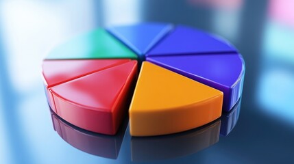 Obraz premium Colorful 3D pie chart with rotating segments, placed on a reflective surface. Representing market share or company division.