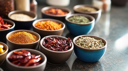 Colorful assortment of dried chili peppers and spices in small bowls, showcasing their vibrant hues and texture on a kitchen counter.