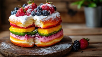 Colorful donut sandwich with a vibrant filling of fruits and cream, cut in half to showcase the layers, placed on a rustic wooden table