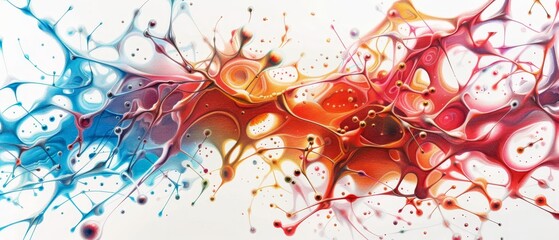  A vibrant abstract painting featuring numerous bubbles and paint droplets against a pristine white backdrop Red, yellow, and blue swirls intermingle for an captiv