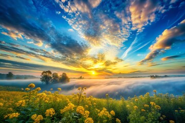 Obraz premium A delicate sunrise blooms in a misty morning sky, where wispy clouds of yellow swirl amidst cerulean hues, as the world slowly awakens