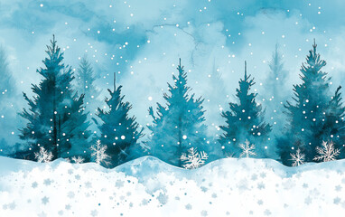 Fototapeta premium Landscape illustration of winter forest in cold colors. Watercolor drawing for Christmas and Happy New Year card celebration. Background design for invitation, social post, ad, cover and sale banner.