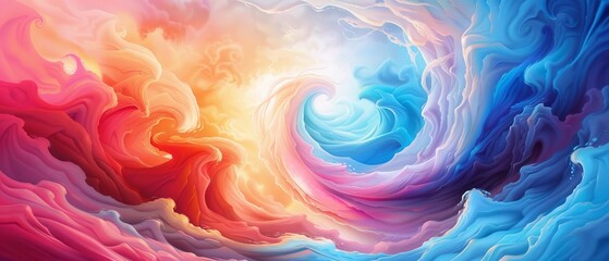 Obraz premium A painting of a colorful swirl at the center, surrounded by blue, pink, orange, and white concentric circles, with a pure white core